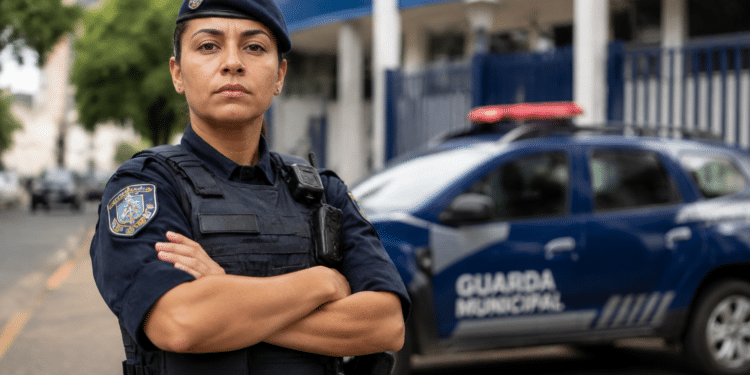 Mulher da Guarda Municipal de braços cruzados, farda azul-marinho e colete tático, viatura azul ao fundo.