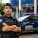 Mulher da Guarda Municipal de braços cruzados, farda azul-marinho e colete tático, viatura azul ao fundo.