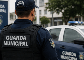 Guarda municipal fardado em frente a viatura oficial durante operação na cidade.