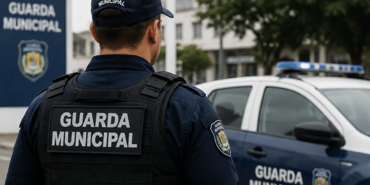 Guarda municipal fardado em frente a viatura oficial durante operação na cidade.