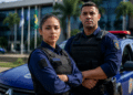 Dois guardas municipais brasileiros de braços cruzados frente a viatura azul, com bandeira do Brasil ao fundo.