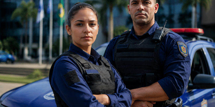 Dois guardas municipais brasileiros de braços cruzados frente a viatura azul, com bandeira do Brasil ao fundo.