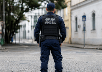 Guarda Municipal de costas fardado com inscrição “Guarda Municipal” no uniforme.