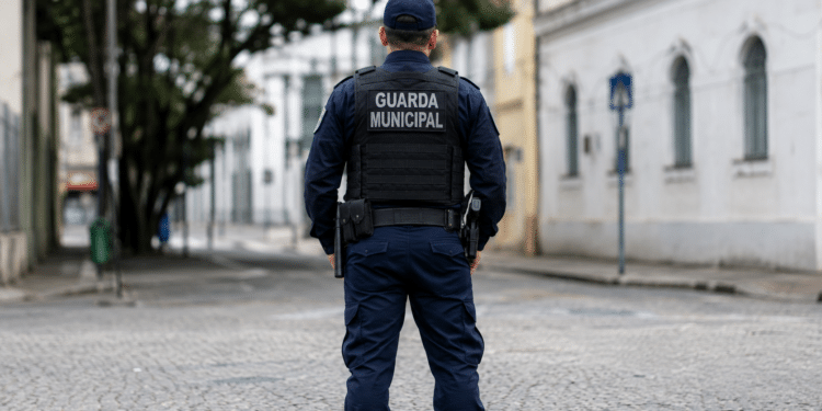 Guarda Municipal de costas fardado com inscrição “Guarda Municipal” no uniforme.