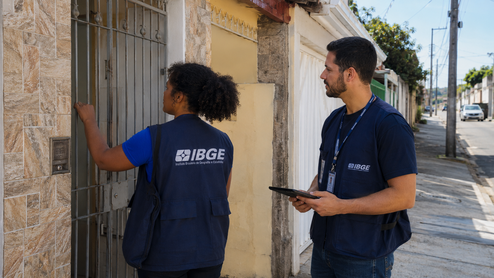 Recenseadores do IBGE visitando residência durante trabalho de campo.