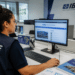 Funcionária do IBGE com colete azul-marinho usa computador acessando site do instituto em escritório com logo na parede.