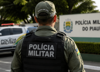 Policial da Polícia Militar do Piauí visto de costas em área externa, com viatura ao fundo.