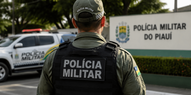 Policial da Polícia Militar do Piauí visto de costas em área externa, com viatura ao fundo.