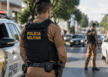 Policial militar atuando em operação de patrulhamento urbano durante fiscalização de trânsito.