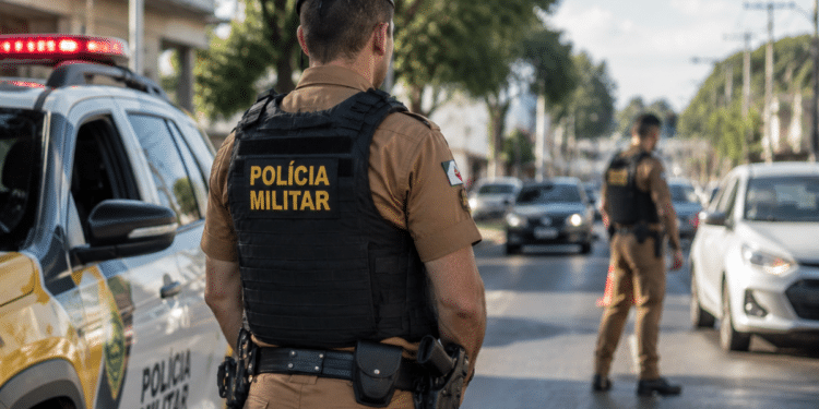 Policial militar atuando em operação de patrulhamento urbano durante fiscalização de trânsito.