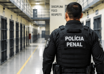 Policial penal de costas em corredor de unidade prisional durante atividade de vigilância.