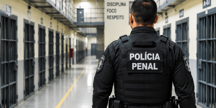 Policial penal de costas em corredor de unidade prisional durante atividade de vigilância.