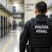 Policial penal de costas em corredor de unidade prisional durante atividade de vigilância.