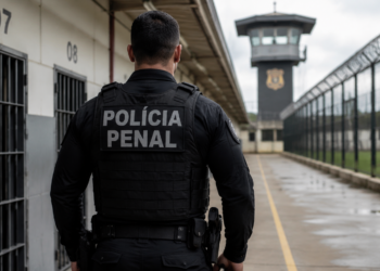 Agente da Polícia Penal de costas em ambiente prisional durante atuação de segurança.