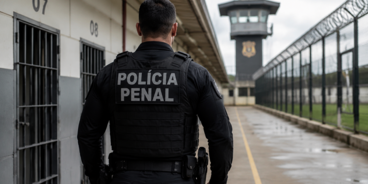 Agente da Polícia Penal de costas em ambiente prisional durante atuação de segurança.