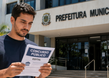 Homem lendo edital de concurso público em frente à Prefeitura Municipal em dia ensolarado.