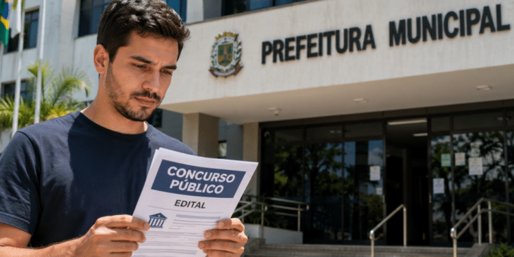 Homem lendo edital de concurso público em frente à Prefeitura Municipal em dia ensolarado.