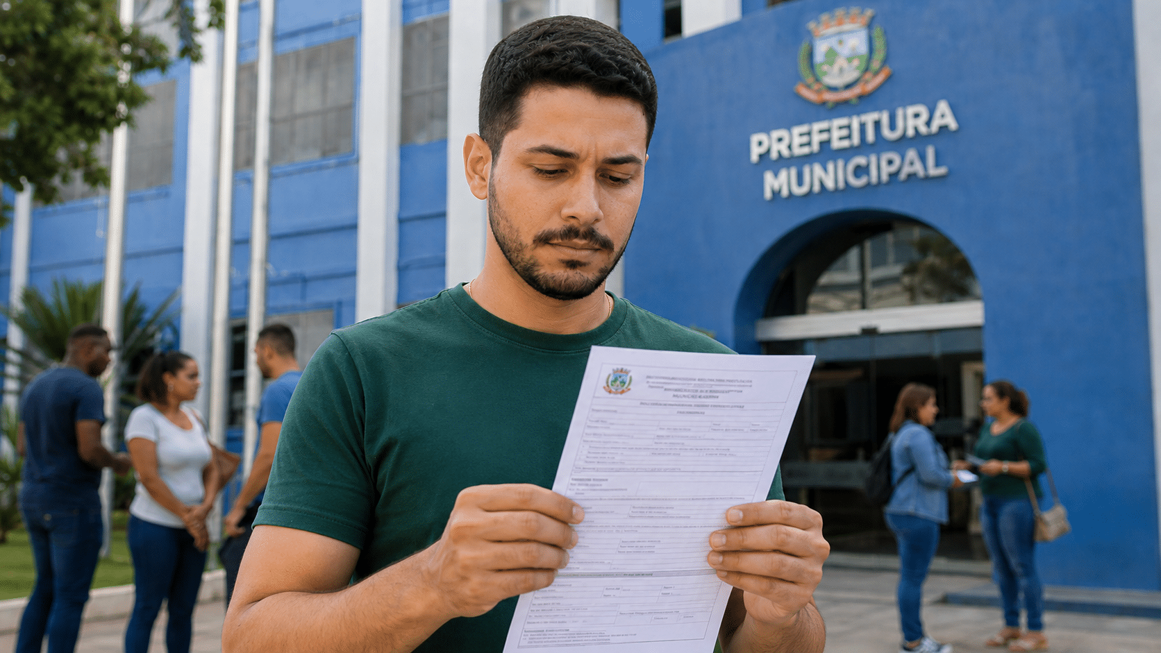 Homem segurando formulário na entrada da Prefeitura Municipal, pessoas conversando ao fundo, fachada azul.