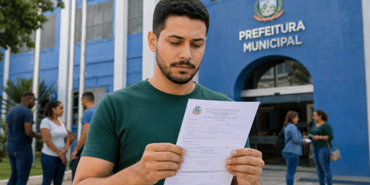 Homem segurando formulário na entrada da Prefeitura Municipal, pessoas conversando ao fundo, fachada azul.