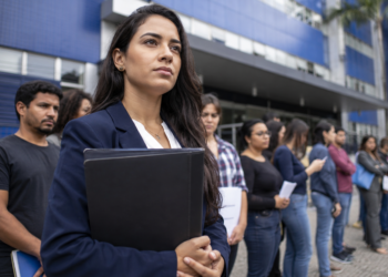 Jovem advogada segura pasta em fila diante de prédio público, representando concurso com vagas para advogado, professor e nutricionista.