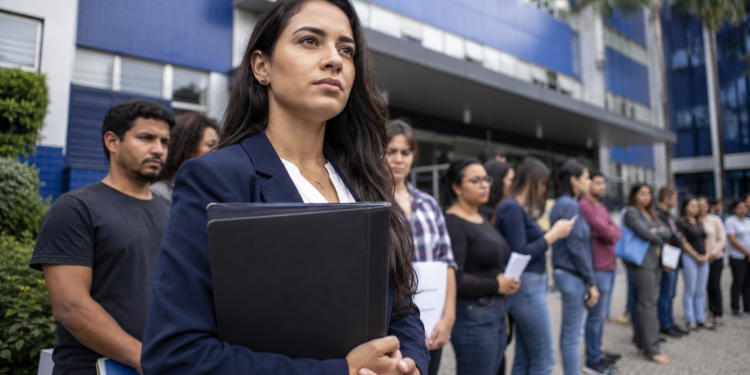Jovem advogada segura pasta em fila diante de prédio público, representando concurso com vagas para advogado, professor e nutricionista.