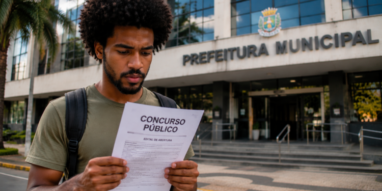 Homem segurando edital de concurso público em frente à prefeitura municipal em ambiente urbano.