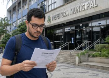 Homem lê edital de concurso público em frente à Prefeitura Municipal.
