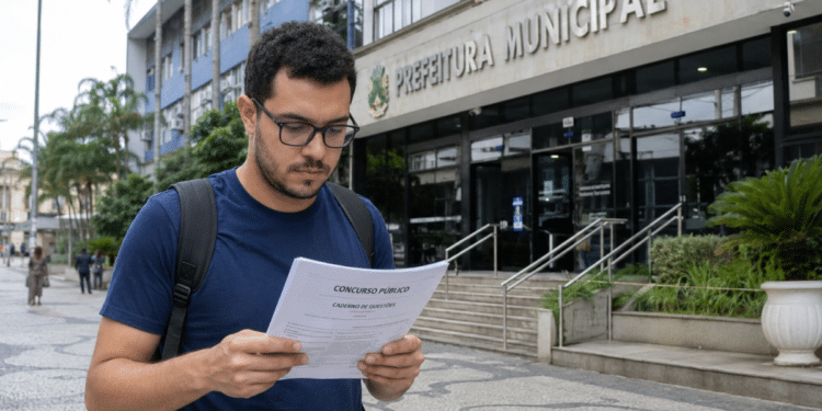 Homem lê edital de concurso público em frente à Prefeitura Municipal.
