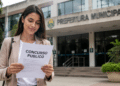 Mulher segurando edital de concurso público em frente ao prédio da Prefeitura Municipal.