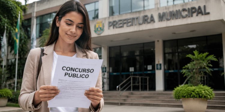 Mulher segurando edital de concurso público em frente ao prédio da Prefeitura Municipal.