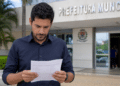 Candidato lê documento de concurso público em frente à Prefeitura Municipal.