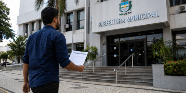 Homem caminhando em direção à prefeitura municipal segurando documento de concurso público.