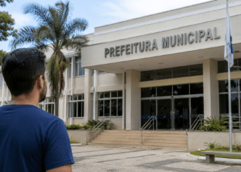Pessoa em frente à Prefeitura Municipal representando a abertura de concurso público.