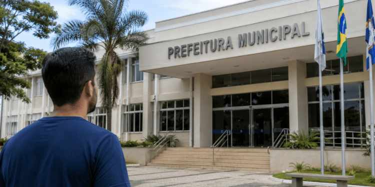 Pessoa em frente à Prefeitura Municipal representando a abertura de concurso público.