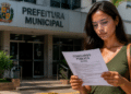 Mulher lê edital de concurso público em frente à prefeitura municipal.