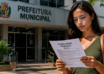 Mulher lê edital de concurso público em frente à prefeitura municipal.