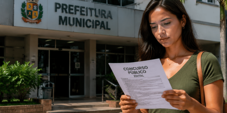 Mulher lê edital de concurso público em frente à prefeitura municipal.
