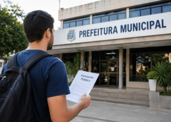 Candidato segura documento de concurso público em frente à Prefeitura Municipal.