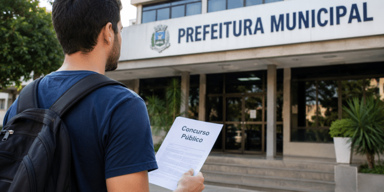 Candidato segura documento de concurso público em frente à Prefeitura Municipal.