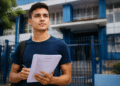 Jovem de camiseta azul marinho com mochila segura papéis e caneta diante de escola com fachada azul.