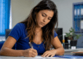 Candidata escreve em documento durante preparação para concurso público da prefeitura.