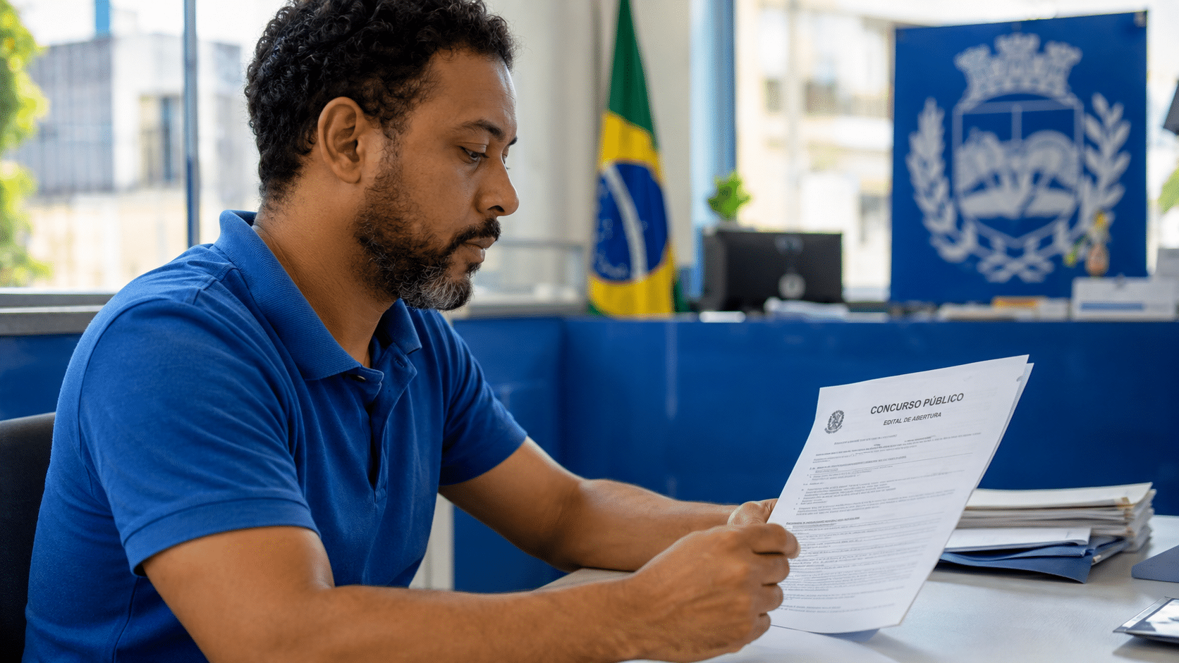 Homem com barba lê edital de concurso público da Prefeitura de Monte Carlo SC em repartição com bandeira do Brasil ao fundo.