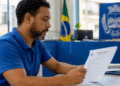 Homem com barba lê edital de concurso público da Prefeitura de Monte Carlo SC em repartição com bandeira do Brasil ao fundo.