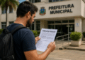 Homem lendo edital de concurso público em frente à Prefeitura Municipal.