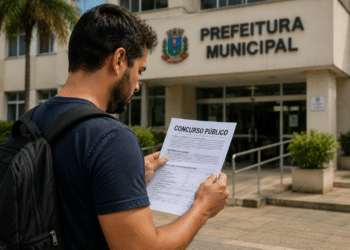 Homem lendo edital de concurso público em frente à Prefeitura Municipal.