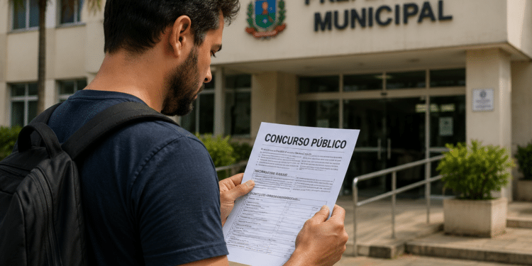 Homem lendo edital de concurso público em frente à Prefeitura Municipal.