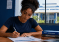 Jovem preenche formulário de inscrição para concurso da Prefeitura de Paranapoema PR.