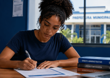 Jovem preenche formulário de inscrição para concurso da Prefeitura de Paranapoema PR.