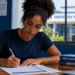 Jovem preenche formulário de inscrição para concurso da Prefeitura de Paranapoema PR.