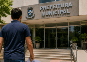 Candidato caminha em direção à prefeitura segurando edital de concurso público.